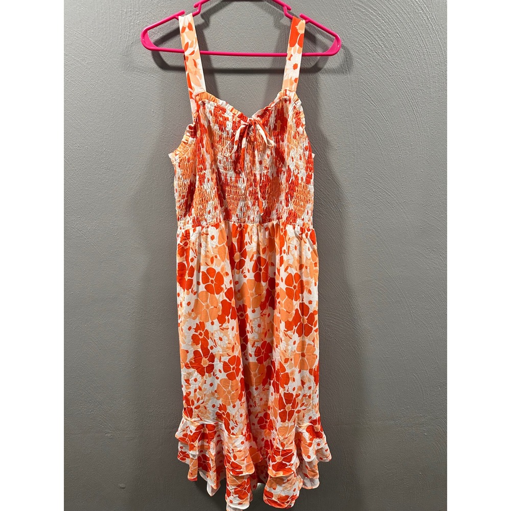 Grace Karin Orange Floral Smocked Midi Dress Ruffle Hem XL NWT
